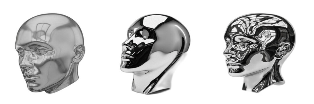 Isolated set of abstract reflective silver chrome metallic human head mannequin busts on white background, 3d futuristic android robot mind representation for cyber intelligence concept