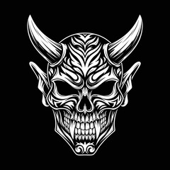 Fototapeta premium Intricate horned skull with demonic features and sharp fangs.