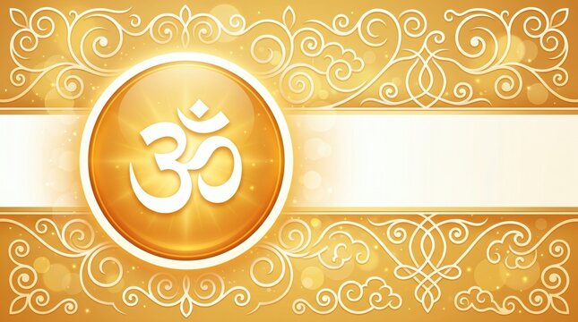 Golden om symbol centered in a glowing circle with ornate floral swirls and decorative patterns guru purnima