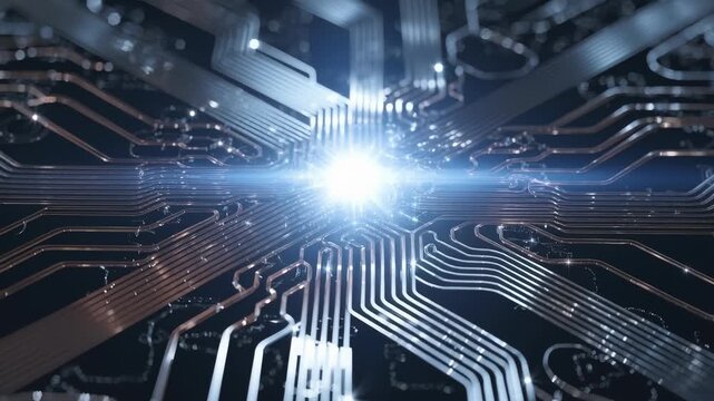 Abstract Digital Circuit Board with Glowing Connections and Central Processor, Futuristic Technology Concept