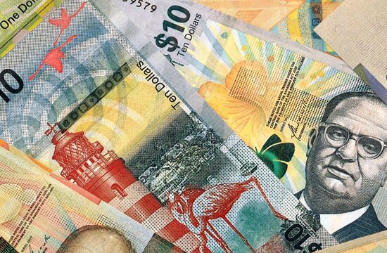 Bahamian dollar money bills in pile on table. Bahamas BSD currency cash close up