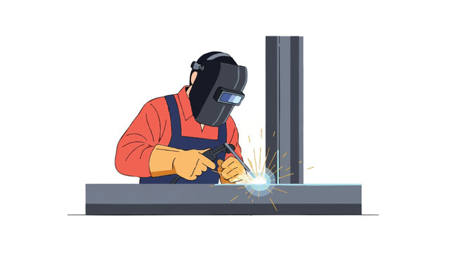 Professional Welder Illustration Working on Metal Construction with Sparks, Industrial Fabrication Concept