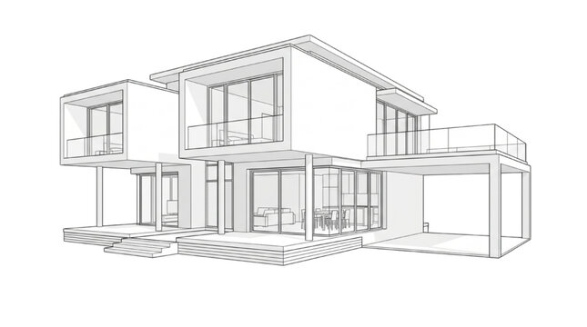 Architectural sketch of a modern house in CAD, showcasing minimalist design and clean lines