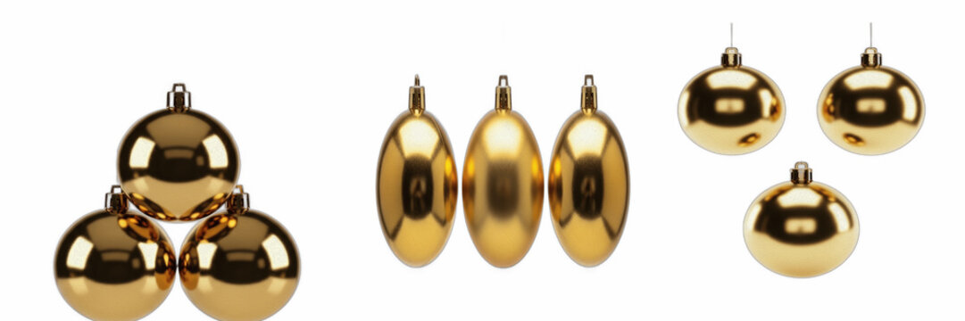 Isolated set of three shiny golden brass sinkers drop fishing weights on white background, 3d metallic luxury sports equipment collection for terminal tackle attachment and angling hook sink concept