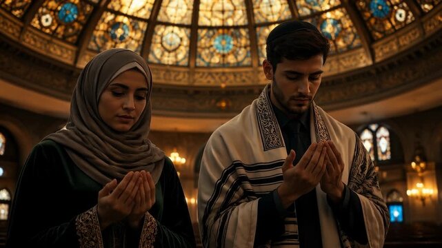 Interfaith Couple Praying Together in a Beautifully Lit Synagogue or Temple with Stained Glass Dome