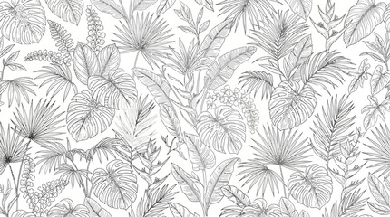 Obraz premium A detailed illustration of various tropical leaves and plants in a seamless pattern