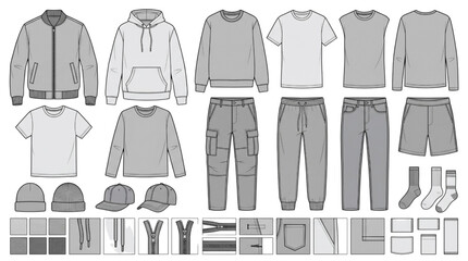 Fototapeta premium CAD Fashion Design Template Apparel Flat Sketches for Men's Clothing Line