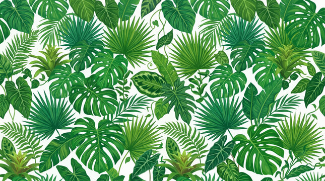 A vibrant collection of lush tropical leaves fills the frame.