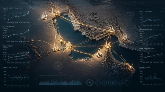 HighTech 3D Map of Persian Gulf Energy Network, Glowing Golden Data Streams and Financial Analytics