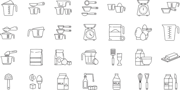 Collection of black and white line for baking and cooking ingredients and tools measuring cup measuring spoon