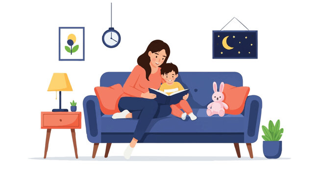 Mother Reading Book to Son on Sofa in Cozy Living Room - Flat Vector Illustration of Bedtime Story and Family Bonding
