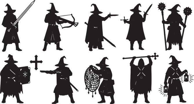 Collection of black silhouettes featuring medieval inquisitors and witch hunters equipped with swords, crossbows, muskets, lanterns, and nets on a white background.