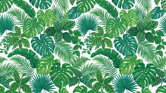 Vibrant green leaves of tropical plants fill the frame densely.