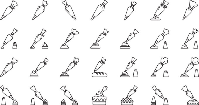 Collection of line depicting piping bags and frosting techniques cake decorating pastry bag icing