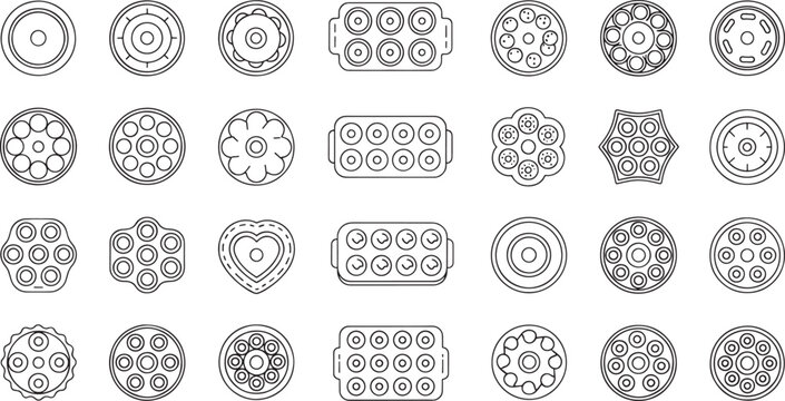 Collection of outline baking molds and circular shapes on white background cake mold muffin tin cupcake tin
