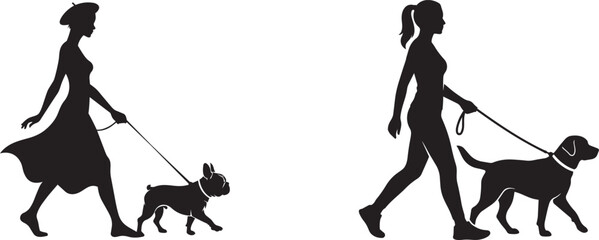 Woman Walking Dogs Silhouette Vector Set – Female Pet Owner with Various Dog Breeds on Leash, Black Isolated Clipart Collection © Tasnim Hossain