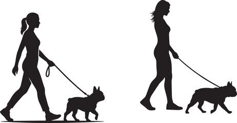 Woman Walking Dogs Silhouette Vector Set – Female Pet Owner with Various Dog Breeds on Leash, Black Isolated Clipart Collection © Tasnim Hossain