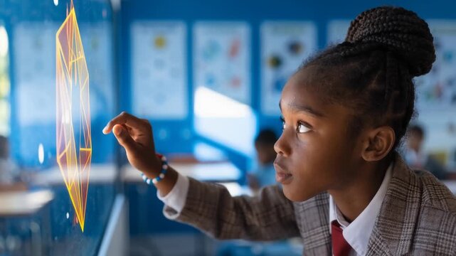 Young student engaging with interactive digital display in modern classroom, learning technology.