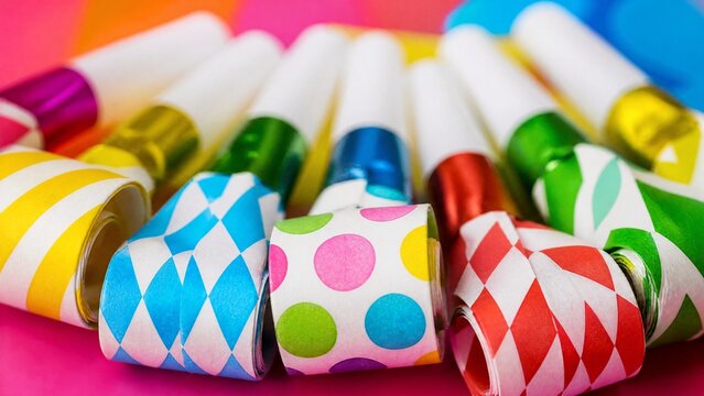 Colorful party horns arranged in a vibrant pattern, evoking festive celebration and joy.