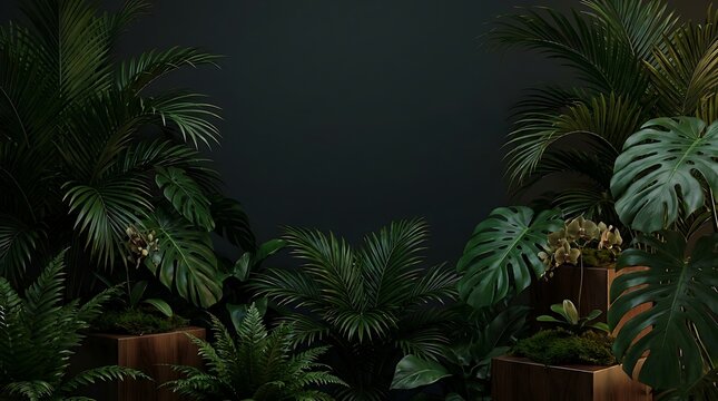 Tropical plants with large green leaves in wooden planters on dark background