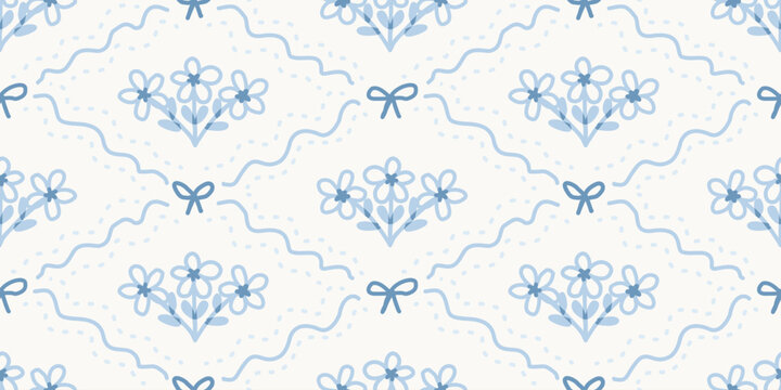 Seamless coquette floral pattern with blue bows and flowers
