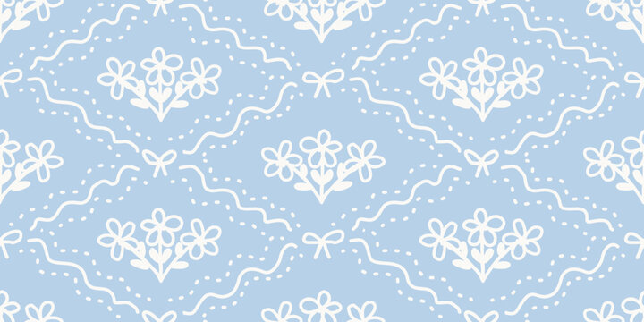 Seamless coquette floral pattern with white bows on blue

