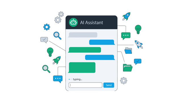AI assistant mobile app interface with business icons.