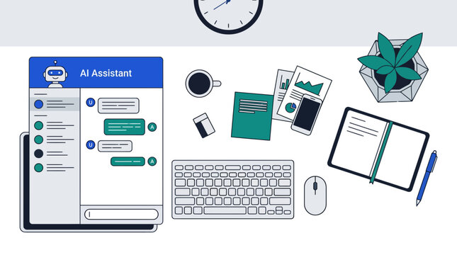 AI assistant chatbot interface on workspace desk flat illustration.