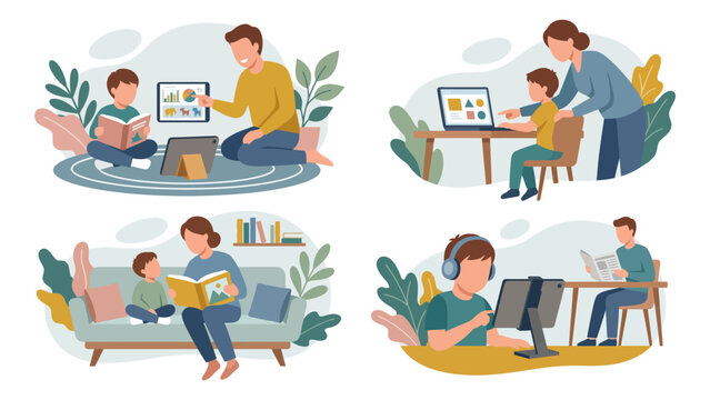 Parents and children engaging in remote online learning at home.