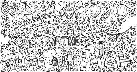 Obraz premium happy birthday cartoon outline hand drawn Line Art illustration doodle art coloring page for kids