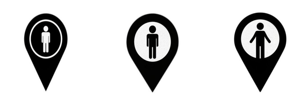 Set of black map pin pointers with user avatar icons isolated on white background, 3d location marker element collection for business meeting place tracking and navigation destination gps map