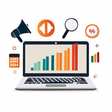 Laptop displaying growth charts and business icons