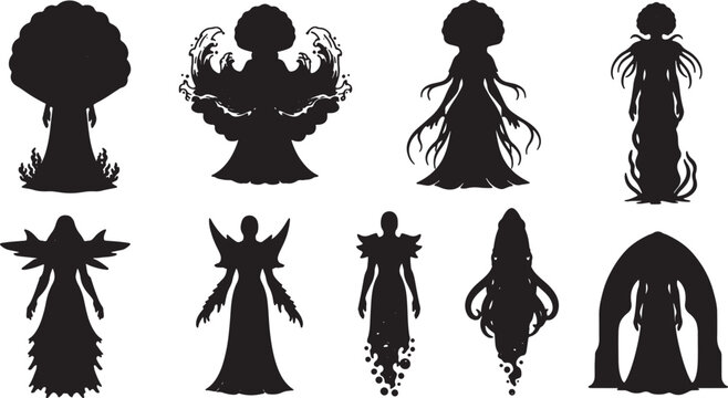 Set of nine black silhouettes of mystical fantasy characters, elemental goddesses, and magical entities including nature, water, and celestial themes isolated on a white background.