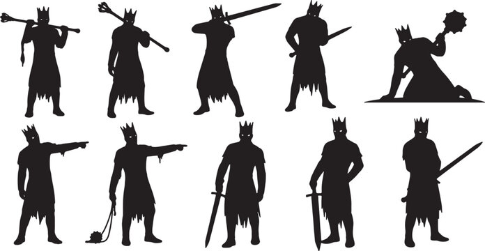 Silhouette collection of dark fantasy kings and undead warriors wearing crowns and holding medieval weapons including swords, maces, and flails, isolated on white background.