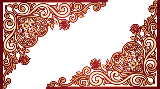 Intricate red floral patterns adorn the elegant border frame