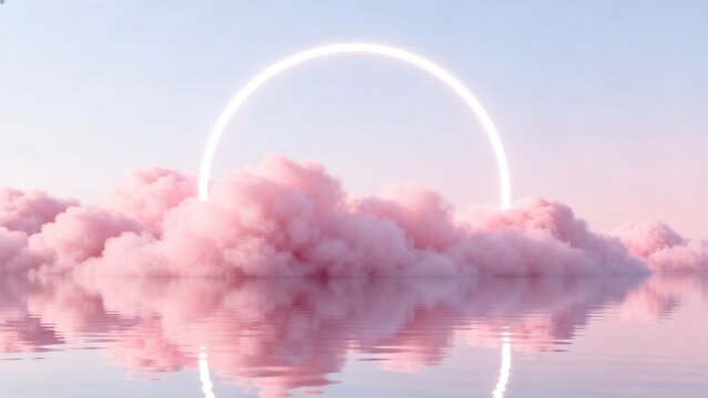 Pink clouds with glowing arch over water