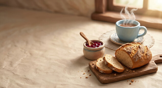 Sliced rustic bread with a hot cup of coffee and jam on a wooden board.