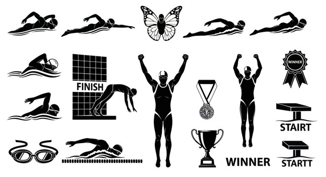 Black and White Swimming Icons: Divers, Swimmers, Medals, Trophies, and Finish Line