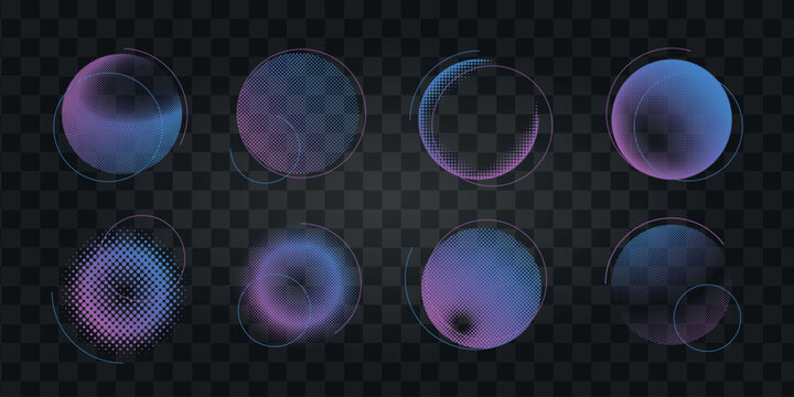 Set of eight abstract gradient vector spheres on a transparent background.