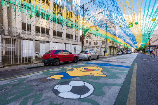 Rio de Janeiro, Brazil - June 5, 2026: Traditional street decorated for the soccer world cup.