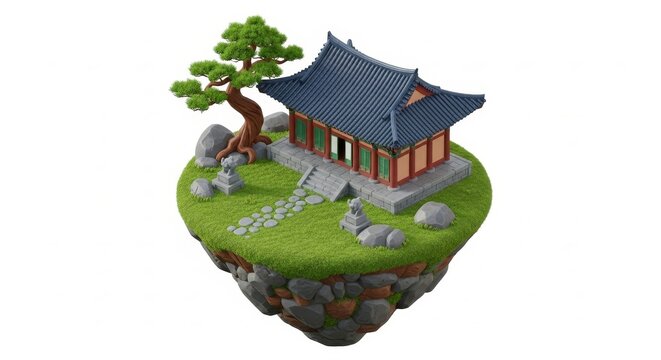Architecture - Korean Traditional Hanok Building on Floating Island with Bonsai Pine Tree and Stone Garden 3D Render