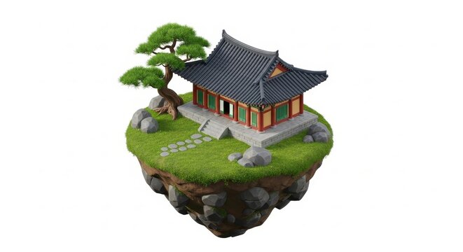 Architecture - Korean Traditional Hanok Building on Floating Island with Bonsai Pine Tree 3D Render
