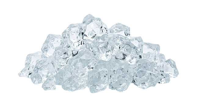Pile of clear crystalline ice cubes with sharp edges and light refraction isolated on a solid black background, for cold concepts