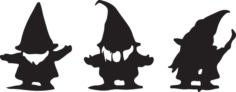 Black silhouette gnomes, gnome icons, vector illustrations, whimsical characters