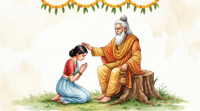 Indian sage blessing a young woman kneeling in prayer with traditional saffron robes and marigold guru purnima