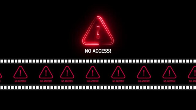 Multiple red neon warning triangles with exclamation marks and text NOACES displayed along a strip border against a dark black background symbolizing digital restriction and security