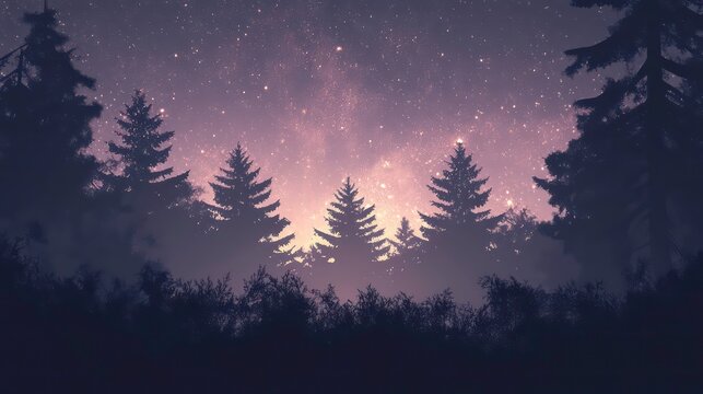 Silhouetted pine trees in a mystical forest at night under a starry sky.