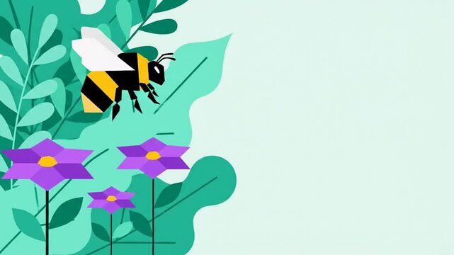 Busy bumblebee flying near blooming purple flowers and green leaves vector graphic art, nature pollination concept copy space