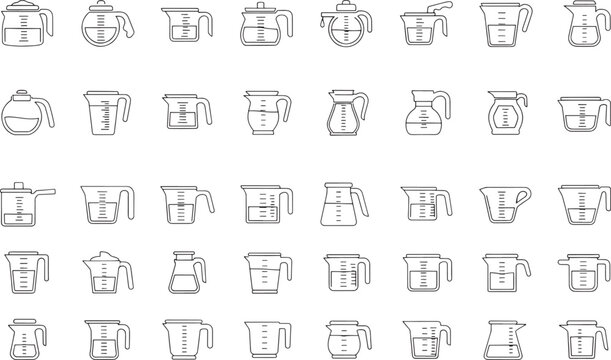 Collection of outline measuring cups and jugs with volume markings beaker kitchenware