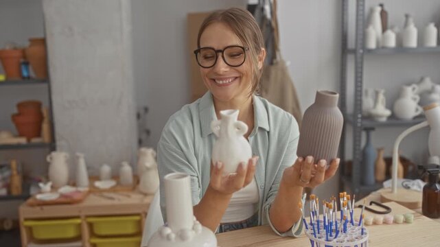 Woman holding two ceramic vases with both hands, smiling and comparing them amid brushes and shelves in a pottery studio; creative joy.
